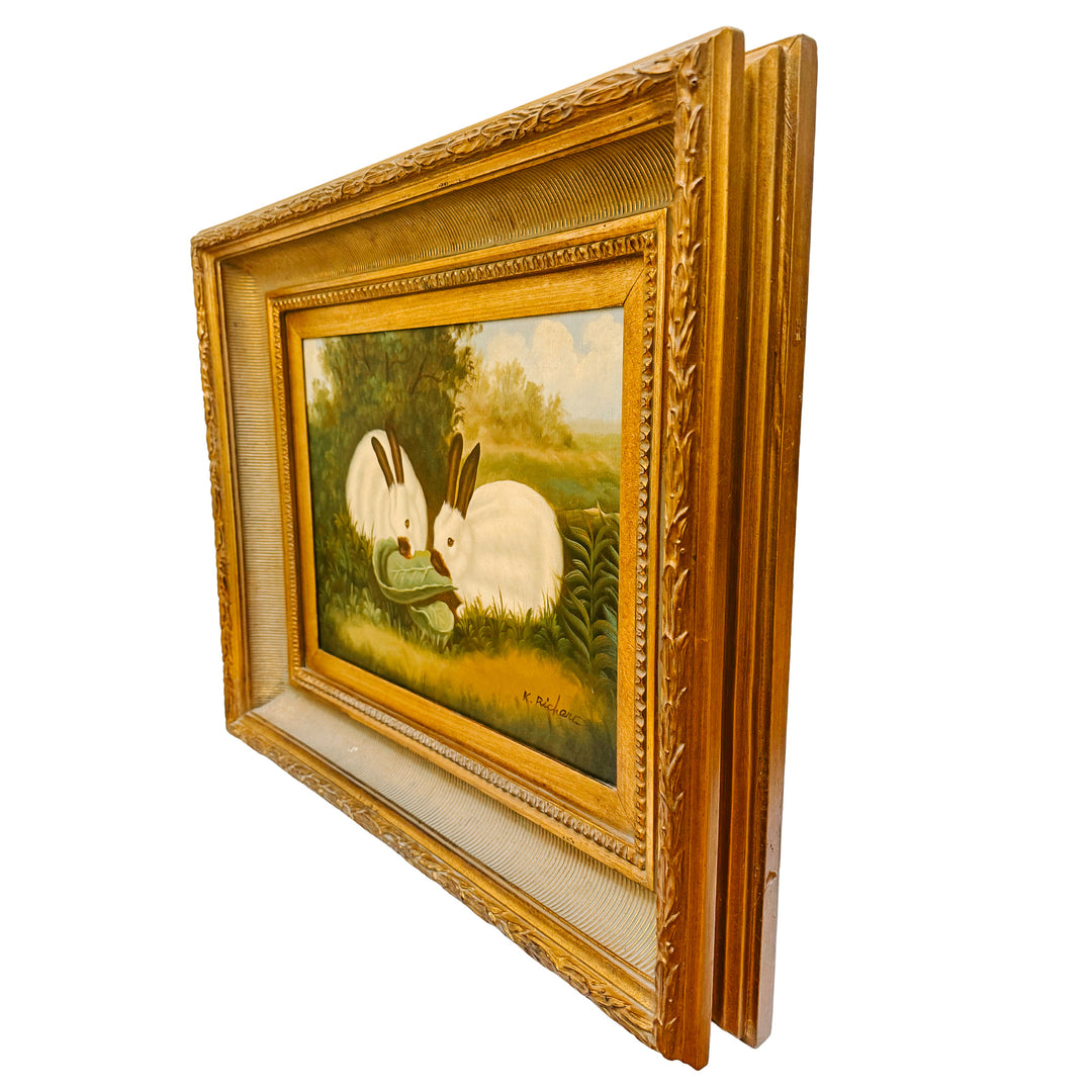 Late 20th C. Oil on Canvas Painting of Himalayan Bunny Rabbits, Signed