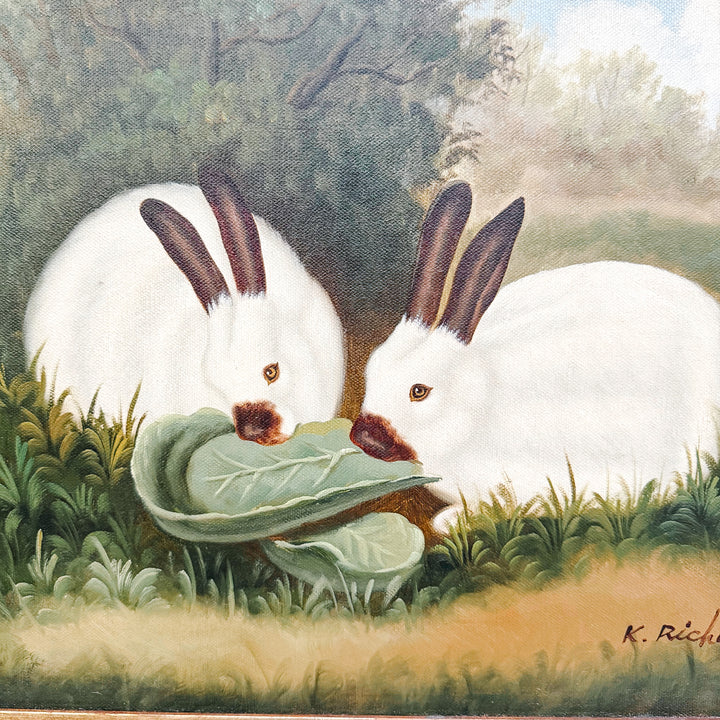 Late 20th C. Oil on Canvas Painting of Himalayan Bunny Rabbits, Signed