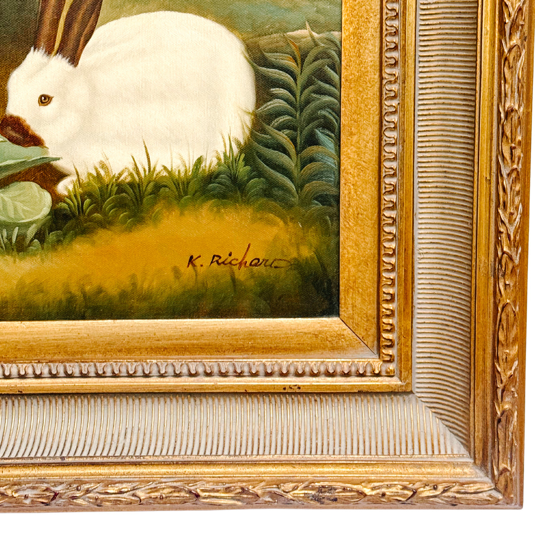 Late 20th C. Oil on Canvas Painting of Himalayan Bunny Rabbits, Signed