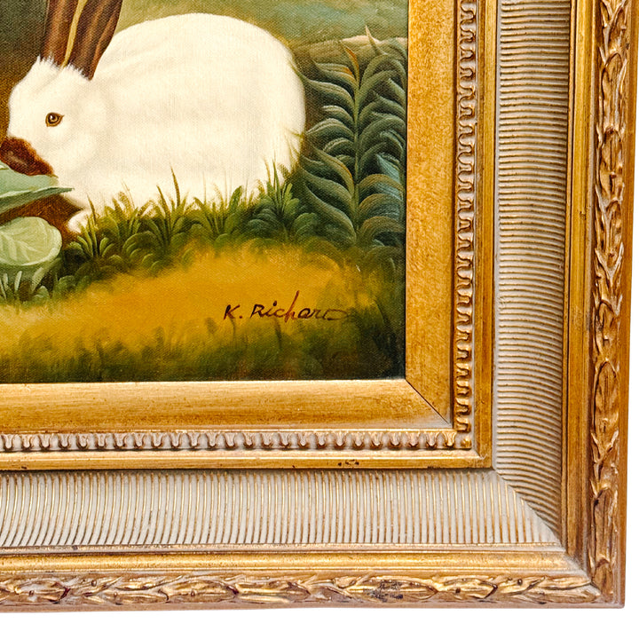 Late 20th C. Oil on Canvas Painting of Himalayan Bunny Rabbits, Signed