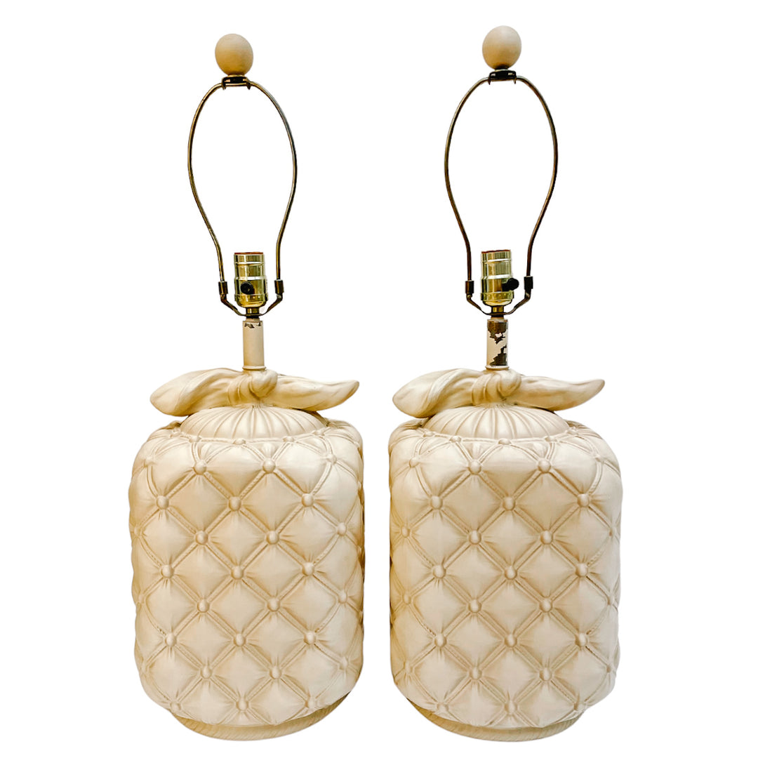 Pair of Cream Tufted Ceramic Table Lamps With Bows