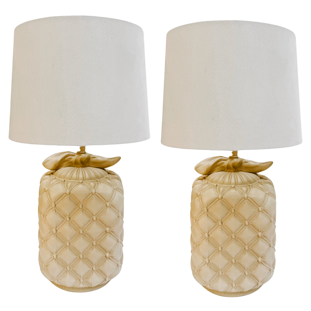 Pair of Cream Tufted Ceramic Table Lamps With Bows