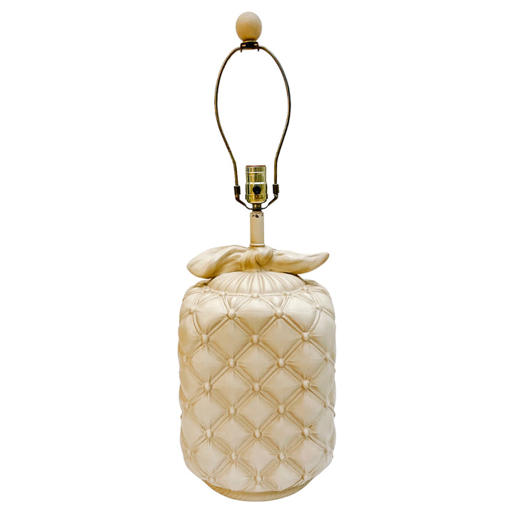 Pair of Cream Tufted Ceramic Table Lamps With Bows