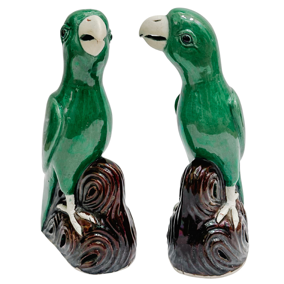 Vintage Pair of Chinese Green Majolica Parrot Figurines
