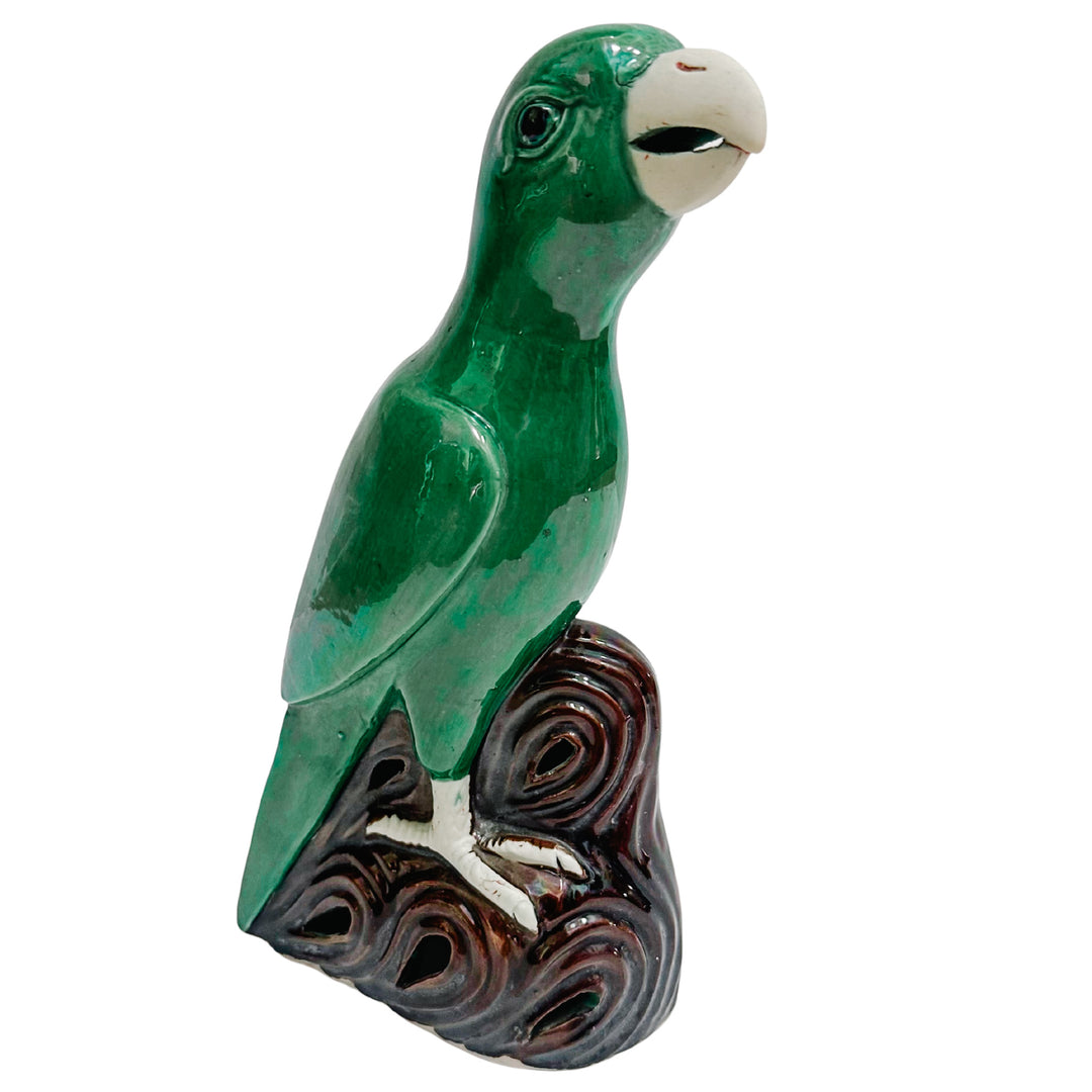 Vintage Pair of Chinese Green Majolica Parrot Figurines