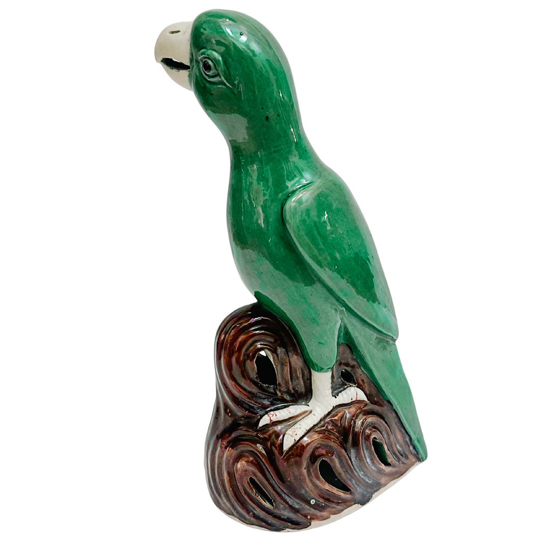 Vintage Pair of Chinese Green Majolica Parrot Figurines