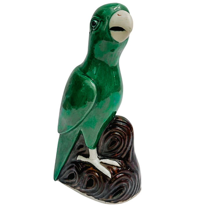 Vintage Pair of Chinese Green Majolica Parrot Figurines