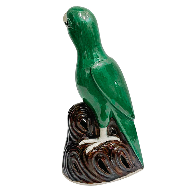 Vintage Pair of Chinese Green Majolica Parrot Figurines