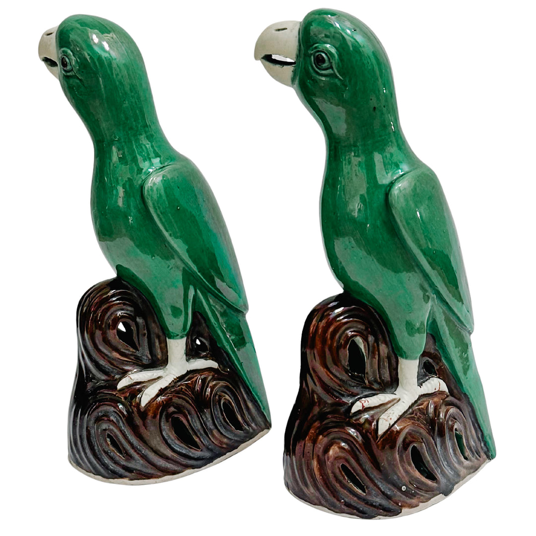 Vintage Pair of Chinese Green Majolica Parrot Figurines