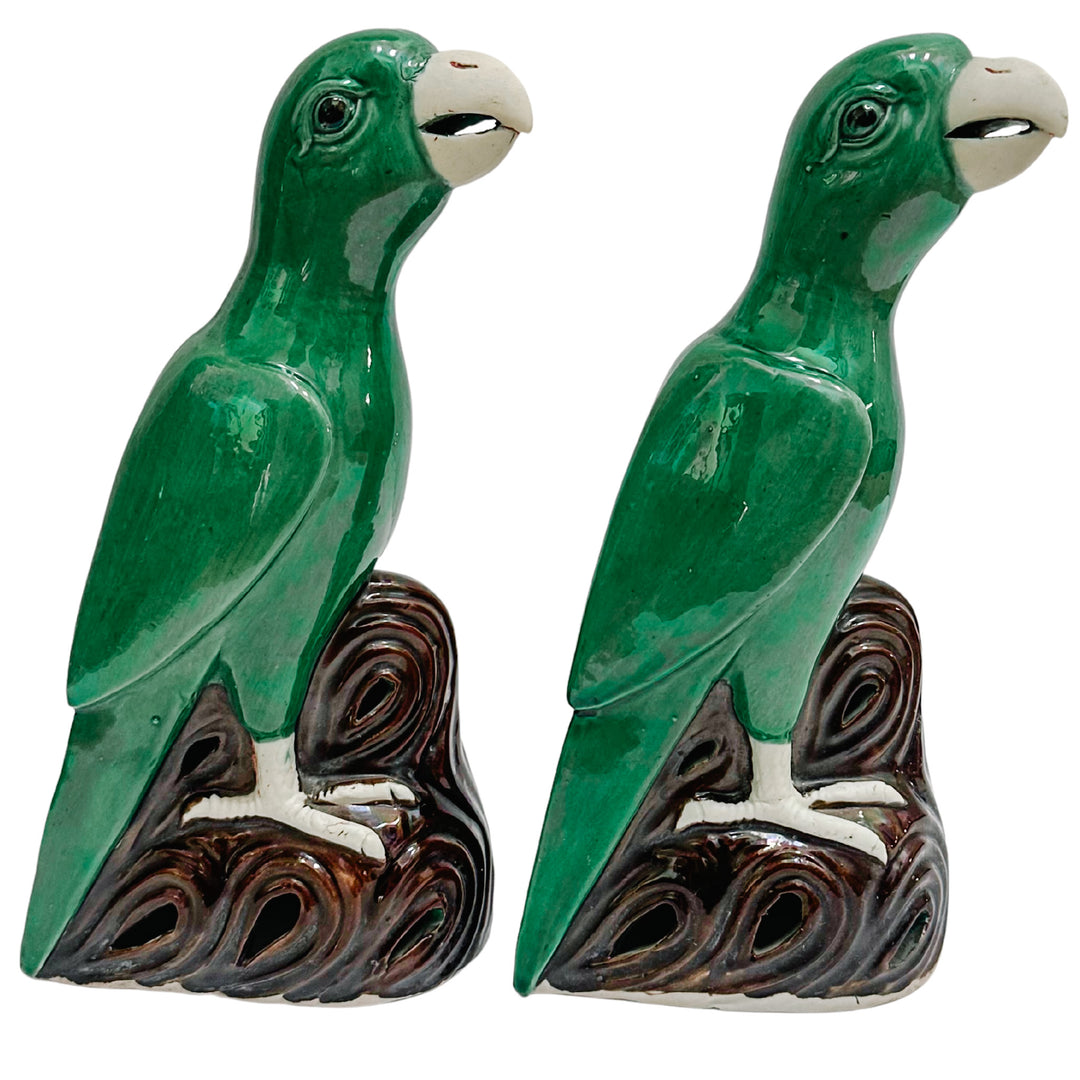 Vintage Pair of Chinese Green Majolica Parrot Figurines