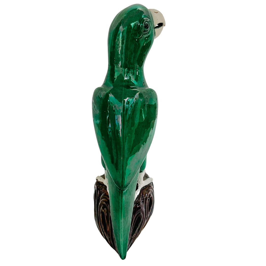 Vintage Pair of Chinese Green Majolica Parrot Figurines