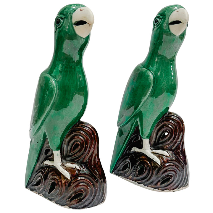 Vintage Pair of Chinese Green Majolica Parrot Figurines