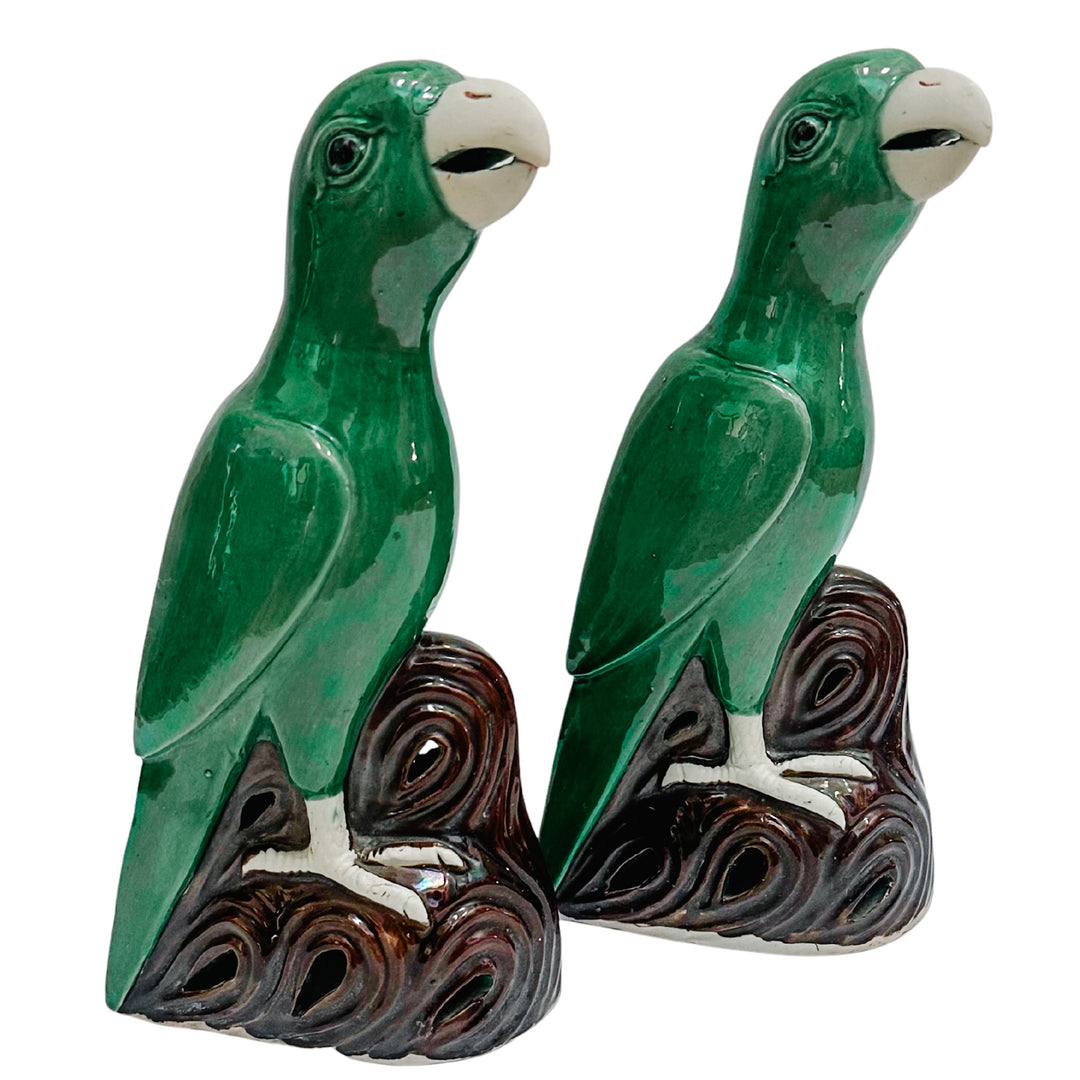 Vintage Pair of Chinese Green Majolica Parrot Figurines