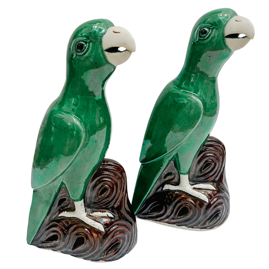 Vintage Pair of Chinese Green Majolica Parrot Figurines