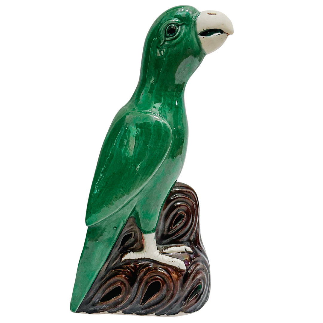 Vintage Pair of Chinese Green Majolica Parrot Figurines