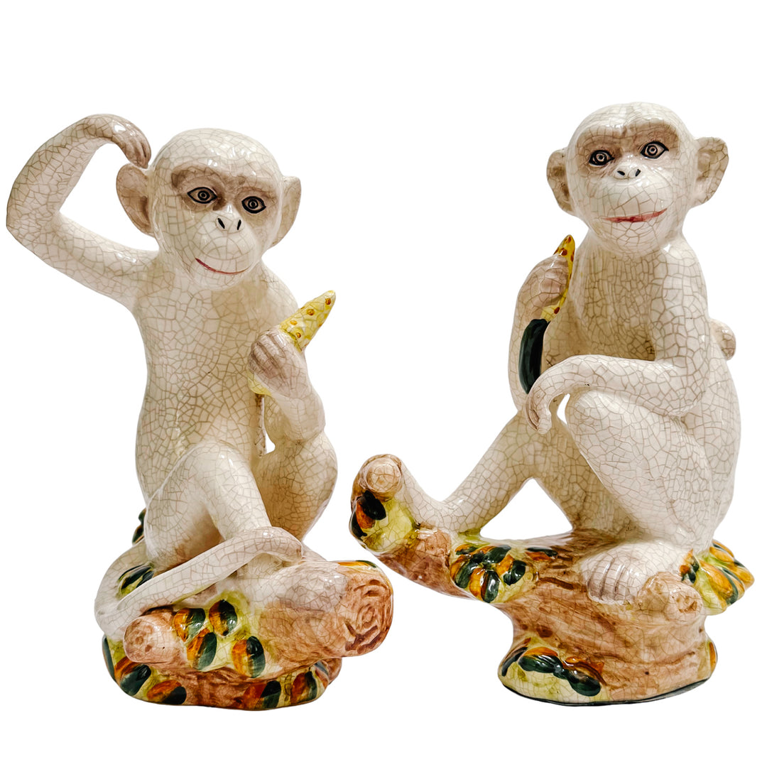 Vintage Pair of White Crackle Chinoiserie Monkeys