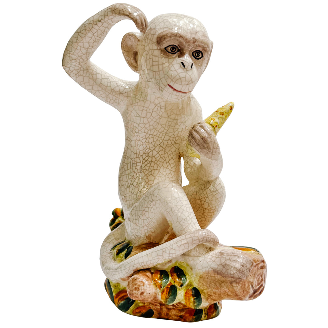 Vintage Pair of White Crackle Chinoiserie Monkeys