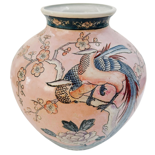 Vintage Pink Chinoiserie Vase With Phoenix Birds & Chrysanthemums