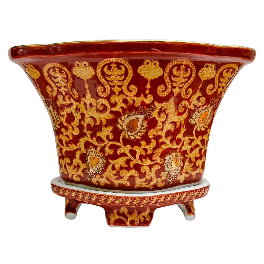 Vintage Red & Gold Chinoiserie Tapestry Planter With Stand