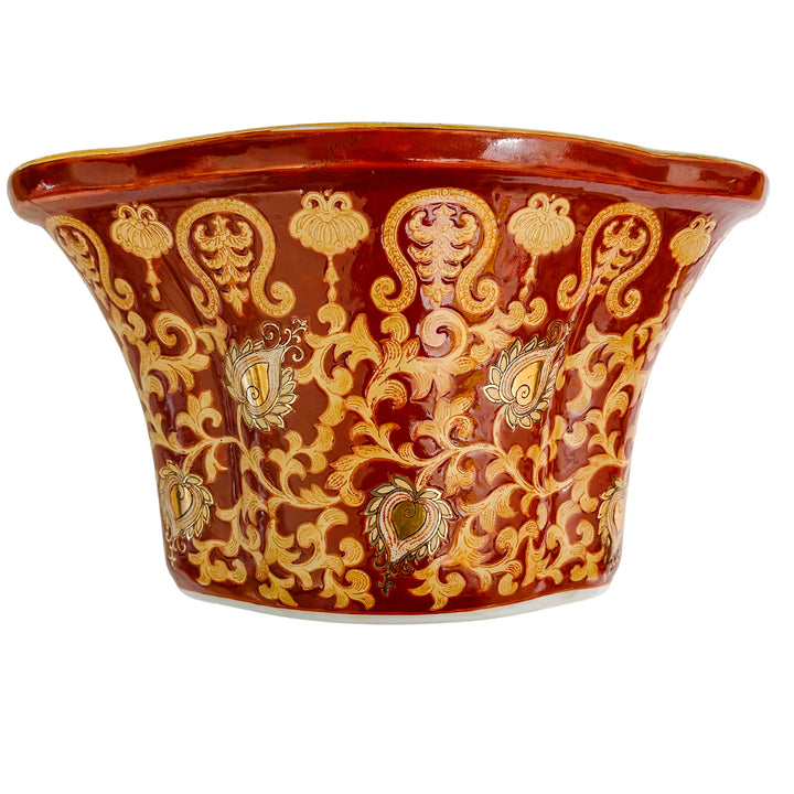 Vintage Red & Gold Chinoiserie Tapestry Planter With Stand