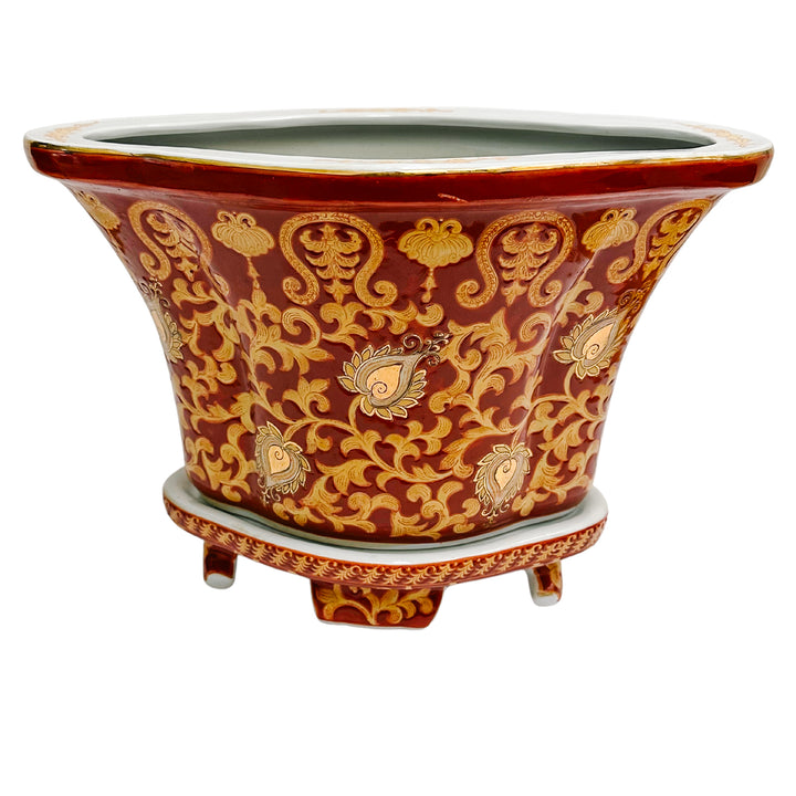 Vintage Red & Gold Chinoiserie Tapestry Planter With Stand