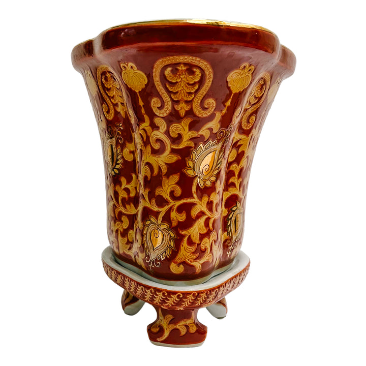 Vintage Red & Gold Chinoiserie Tapestry Planter With Stand