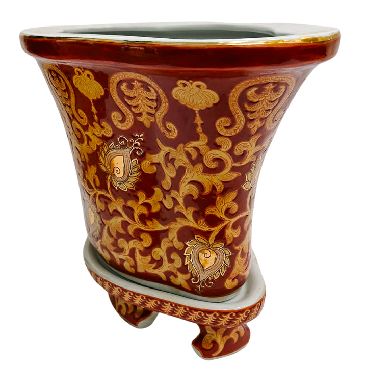 Vintage Red & Gold Chinoiserie Tapestry Planter With Stand