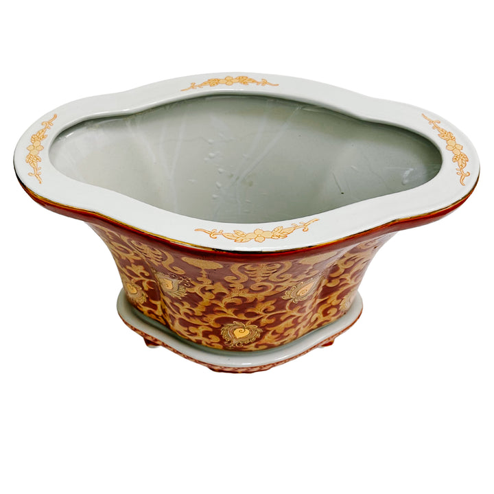 Vintage Red & Gold Chinoiserie Tapestry Planter With Stand