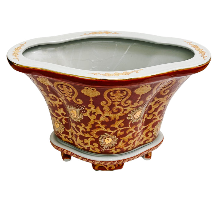 Vintage Red & Gold Chinoiserie Tapestry Planter With Stand