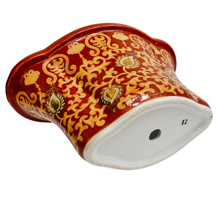 Vintage Red & Gold Chinoiserie Tapestry Planter With Stand