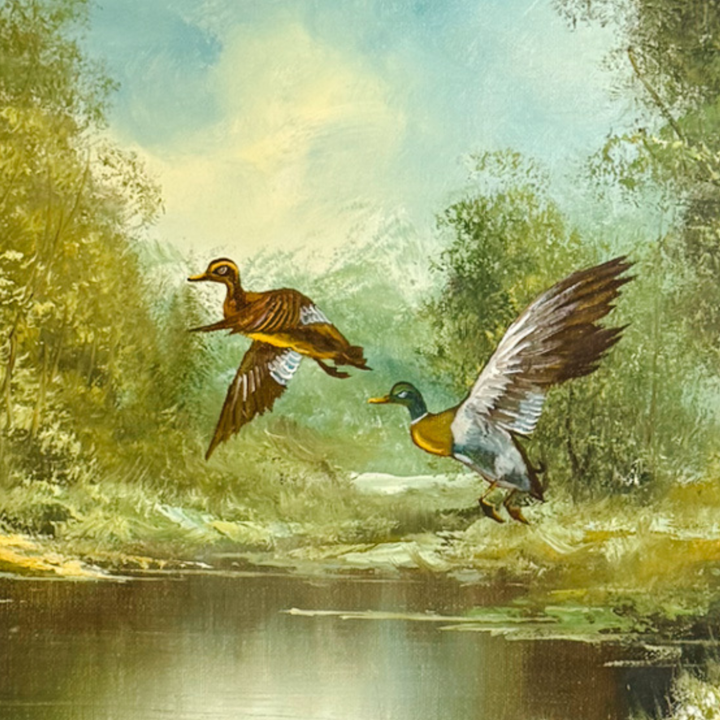 Vintage "Refuge" Original Oil Painting by A. McLaughlin, Mallards in Flight