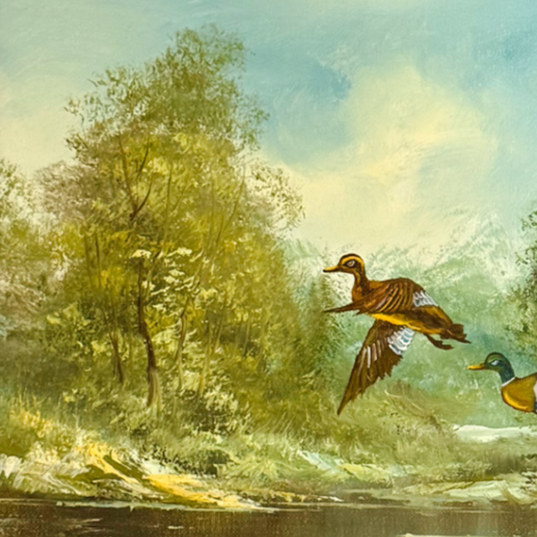 Vintage "Refuge" Original Oil Painting by A. McLaughlin, Mallards in Flight