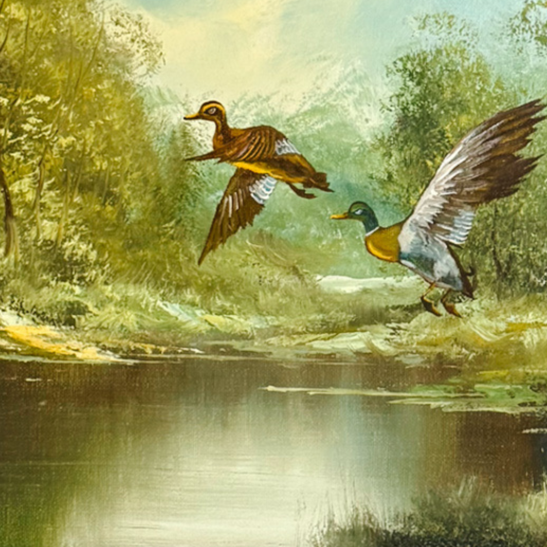 Vintage "Refuge" Original Oil Painting by A. McLaughlin, Mallards in Flight