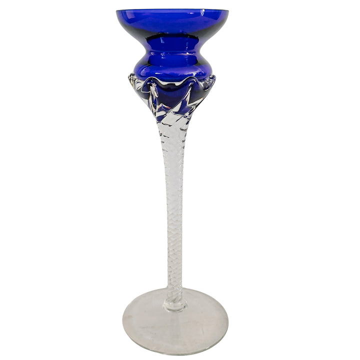 Vintage Romanian Cobalt Blue Hand-Blown Crystal Candlesticks With Twisted Stems