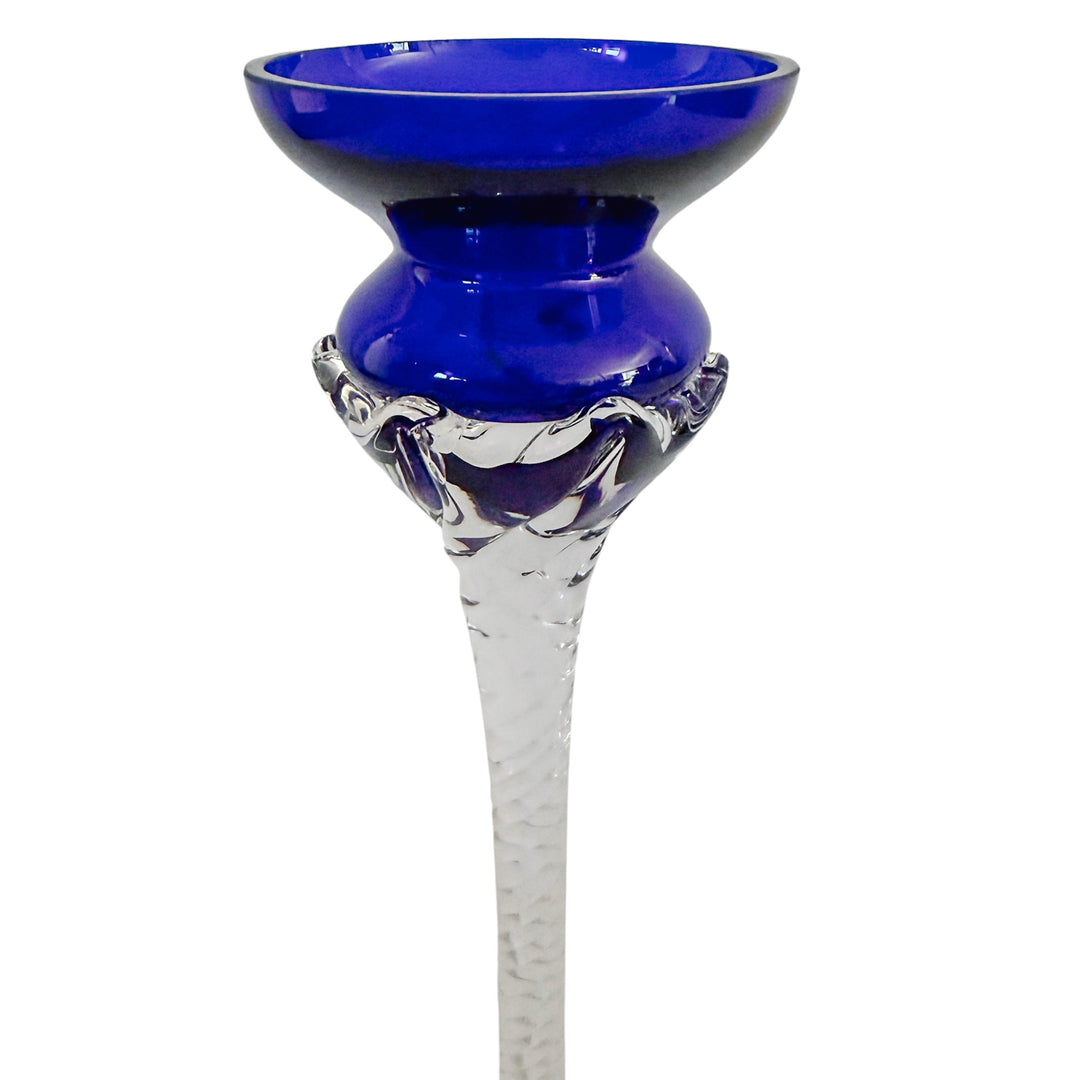 Vintage Romanian Cobalt Blue Hand-Blown Crystal Candlesticks With Twisted Stems