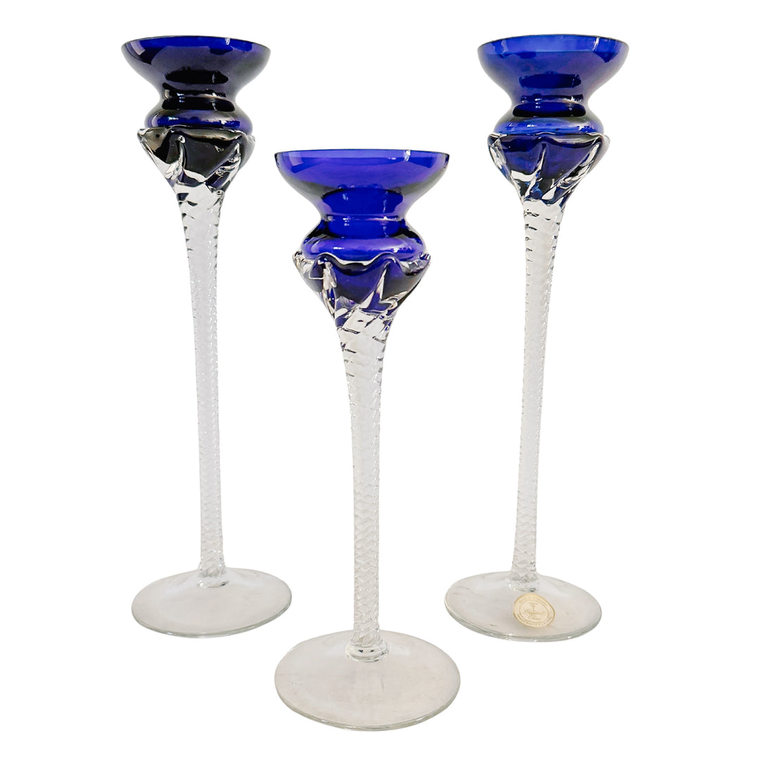 Vintage Romanian Cobalt Blue Hand-Blown Crystal Candlesticks With Twisted Stems