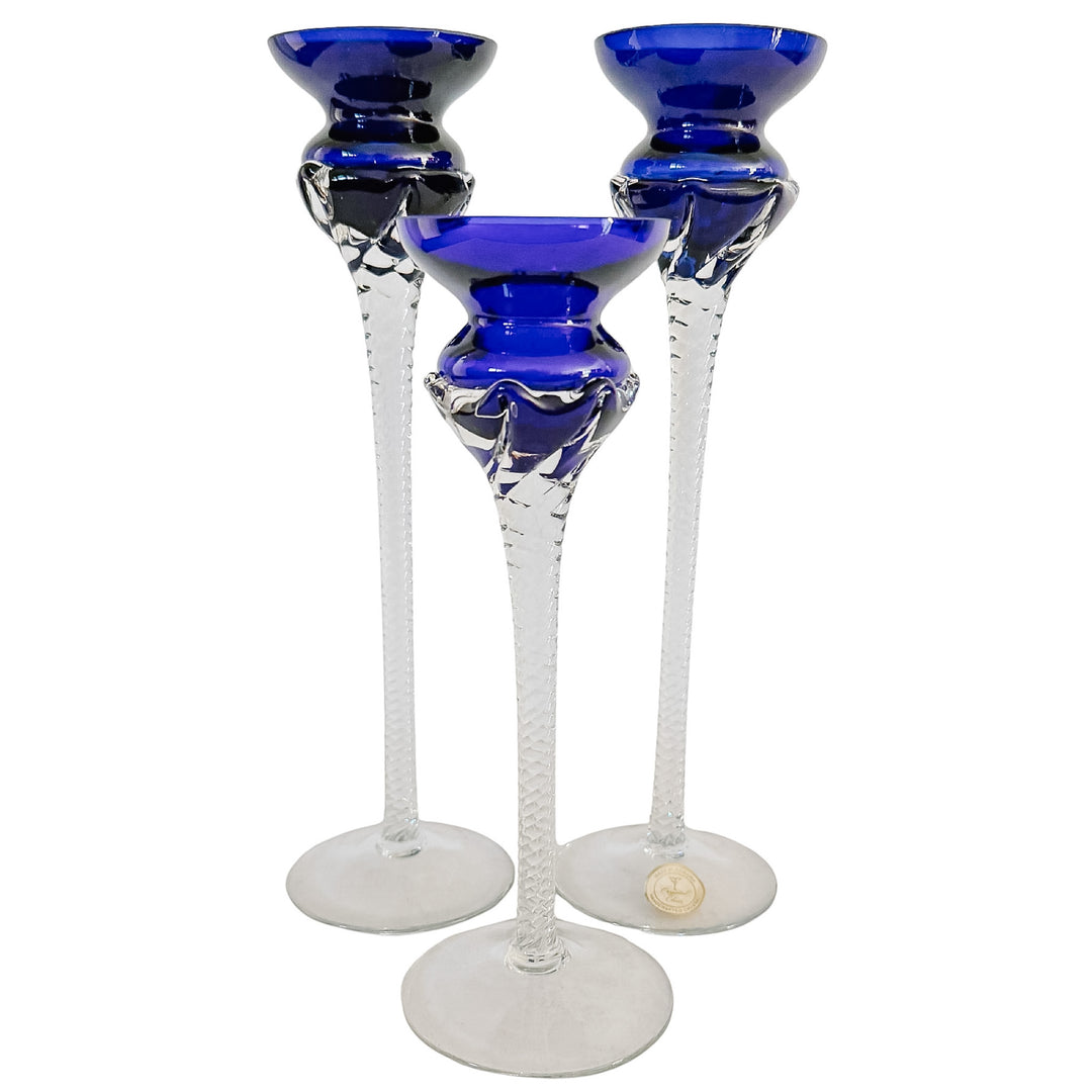 Vintage Romanian Cobalt Blue Hand-Blown Crystal Candlesticks With Twisted Stems