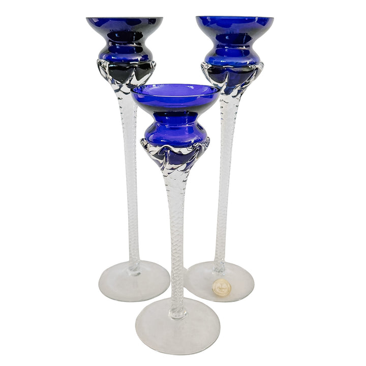 Vintage Romanian Cobalt Blue Hand-Blown Crystal Candlesticks With Twisted Stems