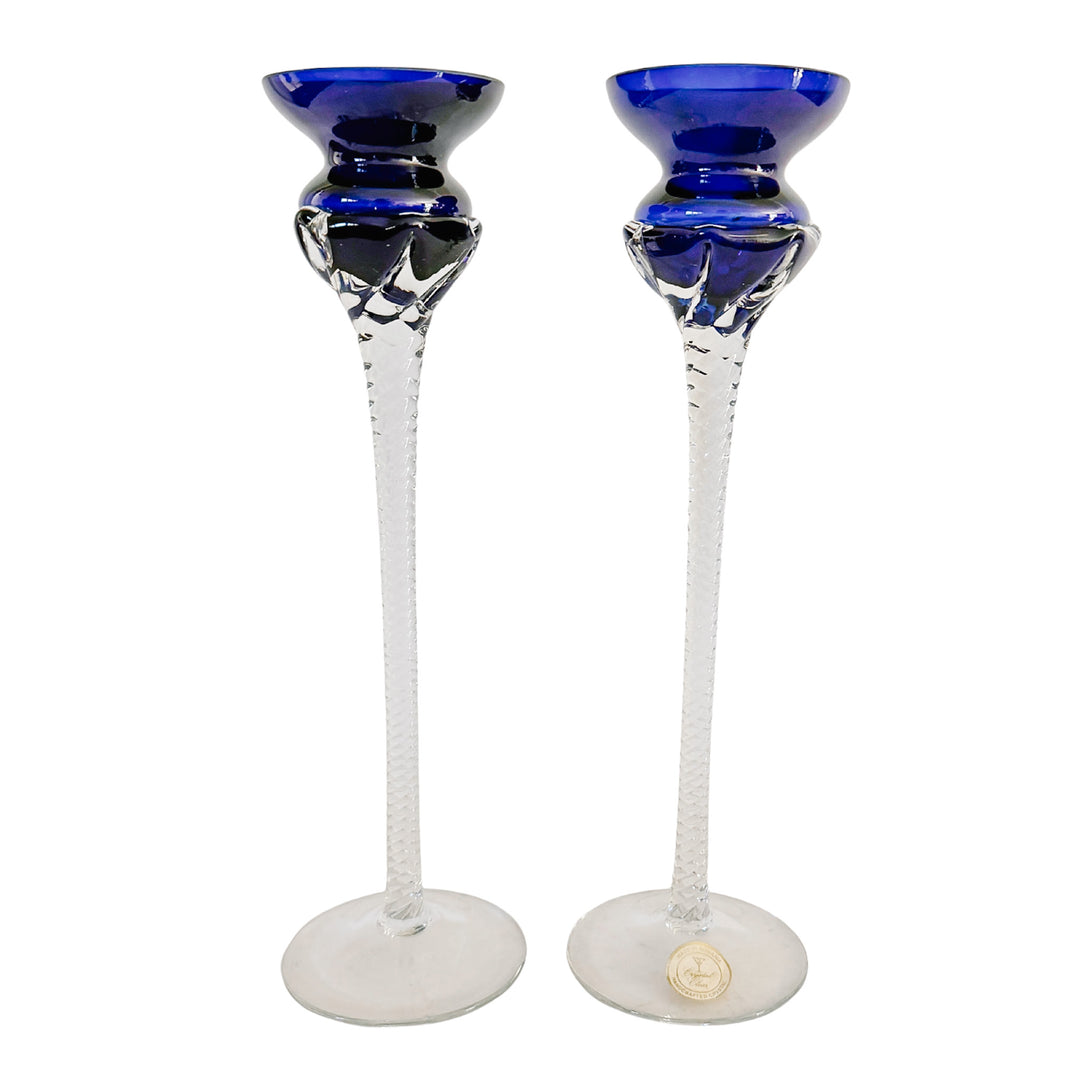 Vintage Romanian Cobalt Blue Hand-Blown Crystal Candlesticks With Twisted Stems