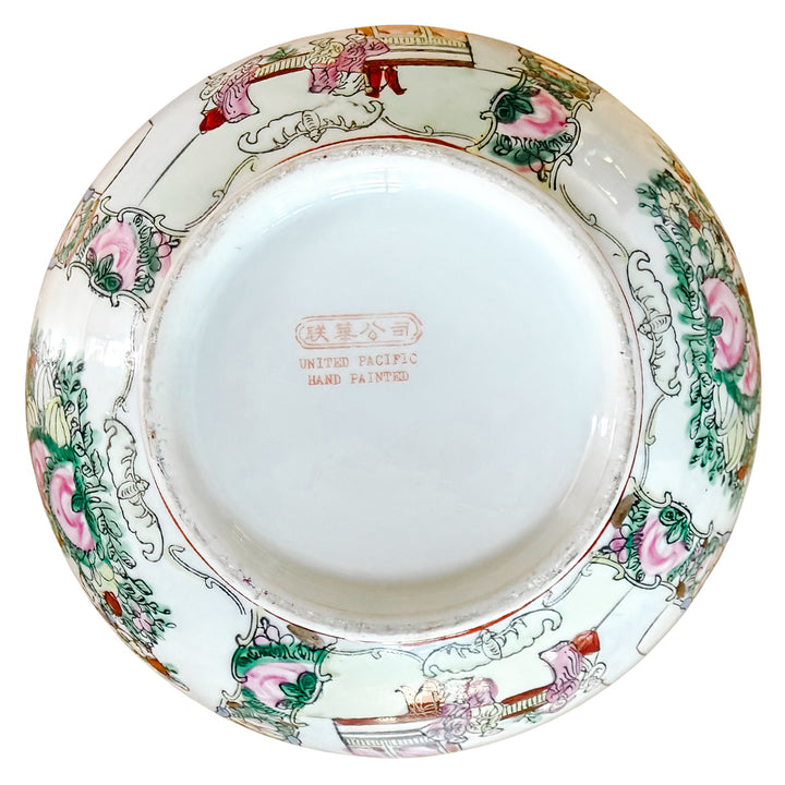 Vintage Rose Canton Hand-Painted Porcelain Punch Bowl with Carved Wood Stand