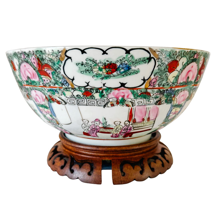 Vintage Rose Canton Hand-Painted Porcelain Punch Bowl with Carved Wood Stand