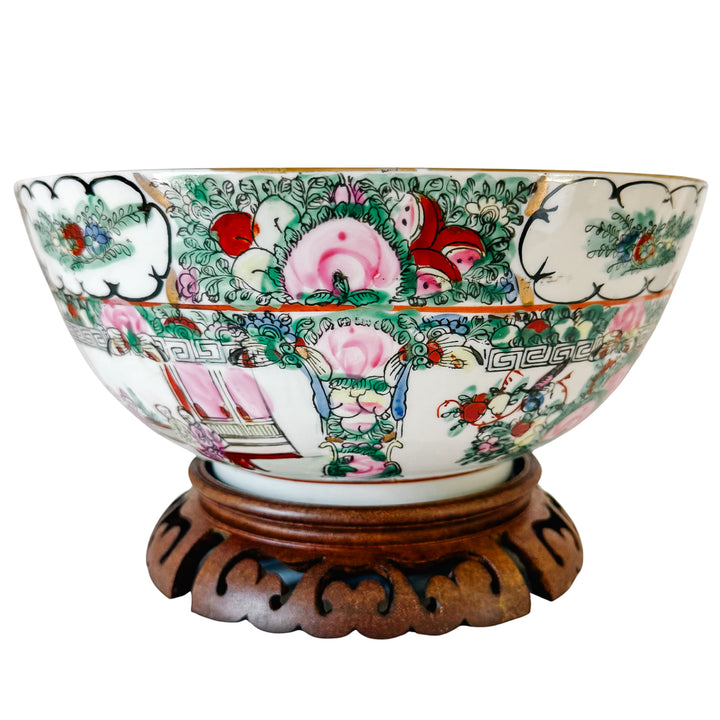 Vintage Rose Canton Hand-Painted Porcelain Punch Bowl with Carved Wood Stand