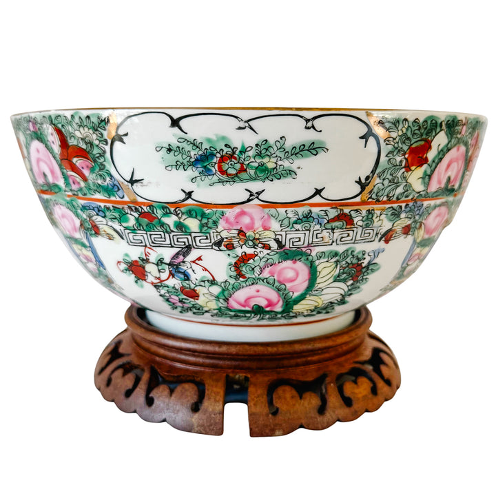Vintage Rose Canton Hand-Painted Porcelain Punch Bowl with Carved Wood Stand