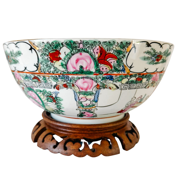Vintage Rose Canton Hand-Painted Porcelain Punch Bowl with Carved Wood Stand