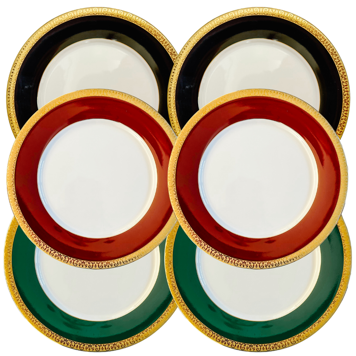 Vintage Royal Gallery Gold Buffet Salad Plates With Black Green & Red Bands 24k Gold Filigree