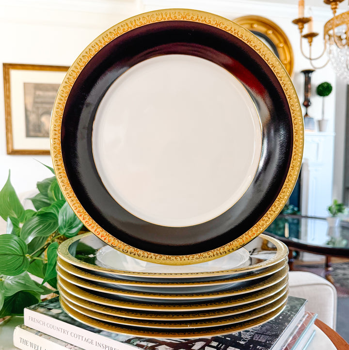 Vintage Royal Gallery Gold Buffet Dinner Plates With Black & Bands 24k Gold Filigree