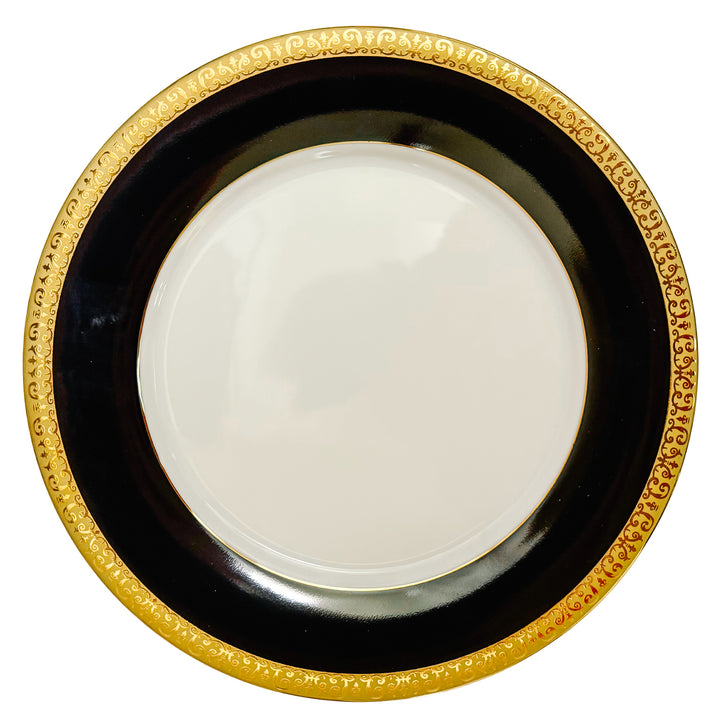 Vintage Royal Gallery Gold Buffet Dinner Plates With Black & Bands 24k Gold Filigree