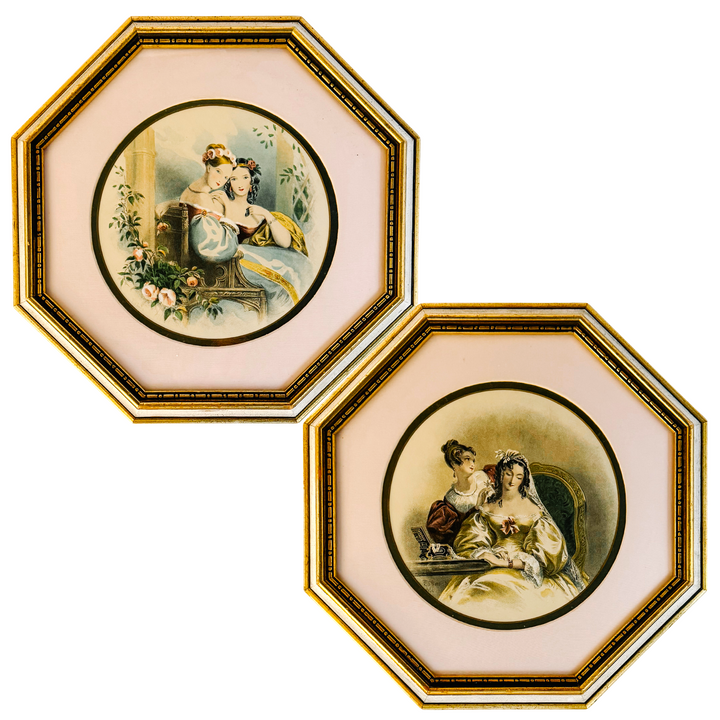 Vintage Rudolf Lesch "Flowers of Loveliness" Octagonal Framed Lithographs