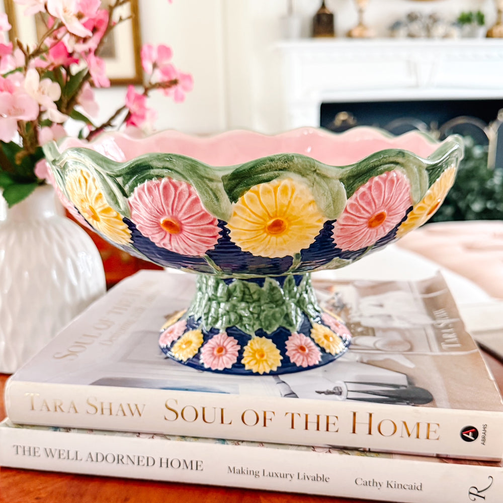 Vintage Seymour Mann Hand-Painted Majolica Floral Footed Compote Bowl