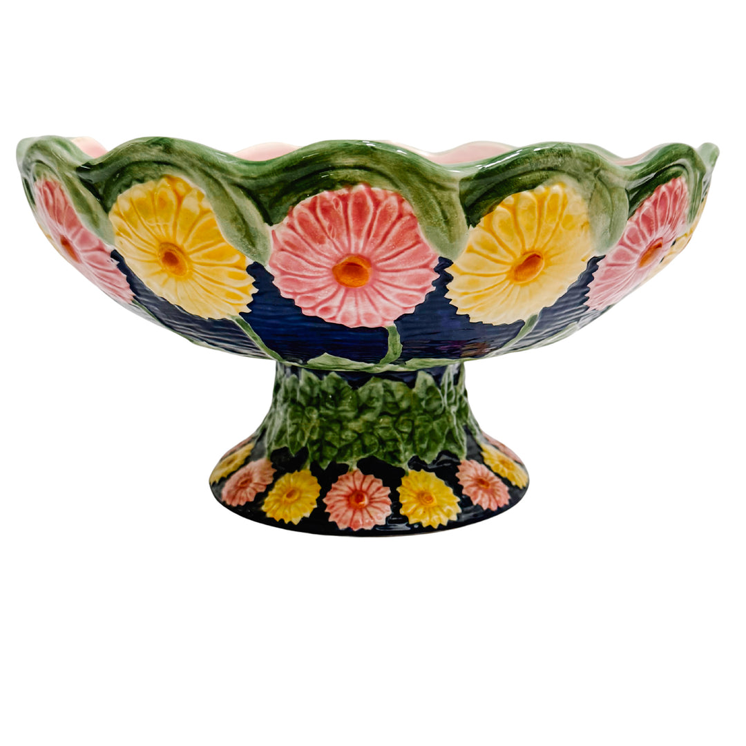 Vintage Seymour Mann Hand-Painted Majolica Floral Footed Compote Bowl